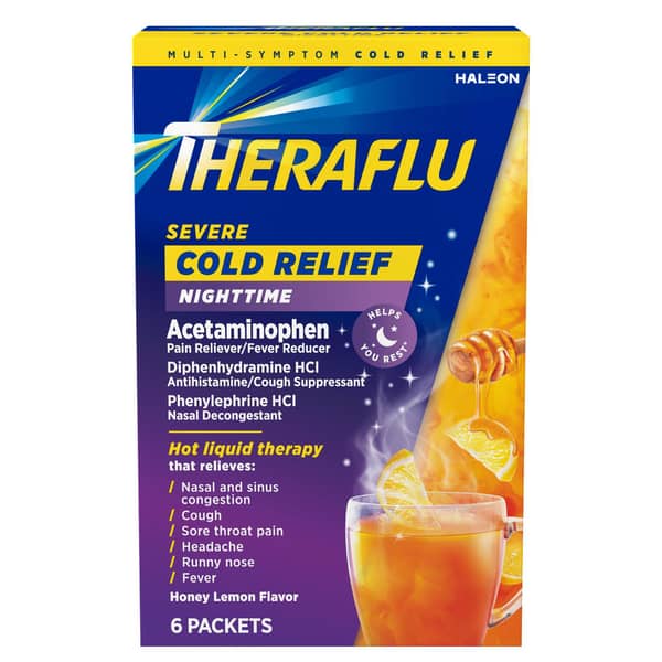 Theraflu Honey Lemon Cold Relief Nighttime Pain Reliever & Fever Reducer Powder Packets