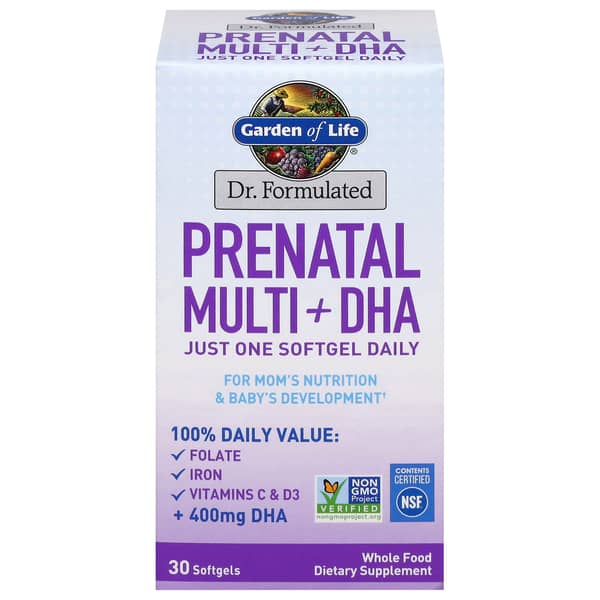 Garden of Life Dr. Formulated Prenatal Multi Plus DHA Whole Food Dietary Supplement Softgels