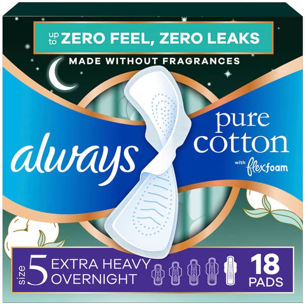 Always Pure Cotton Flexfoam Extra Heavy Overnight Unscented Size 5 Feminine Pads with Wings