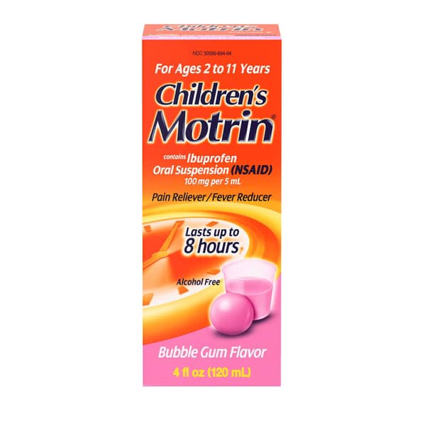 Motrin Children's Bubble Gum Flavor Ages 2 to 11 Years Ibuprofen 100 mg Oral Suspension