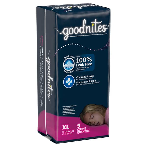 Goodnites QuickSorb Girls' 95-140+ lbs Nighttime Bedwetting Underwear (9 ct)