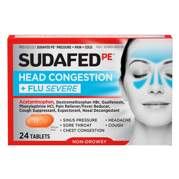 Sudafed PE Non-Drowsy Acetaminophen Head Congestion & Flu Severe Tablets