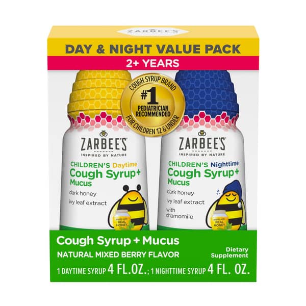Zarbee's Kids 2+ Day & Night Natural Cough plus Mucus Mixed Berry Syrup Value Pack