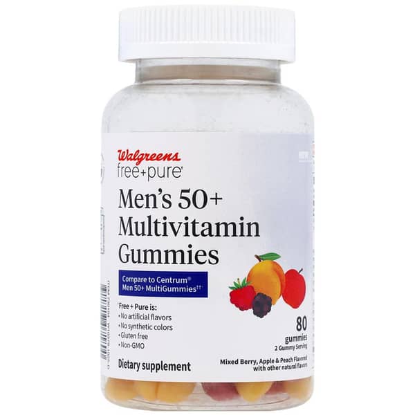 Walgreens Free & Pure Men's 50+ Multivitamin Gummies Mixed Berry, Apple & Peach